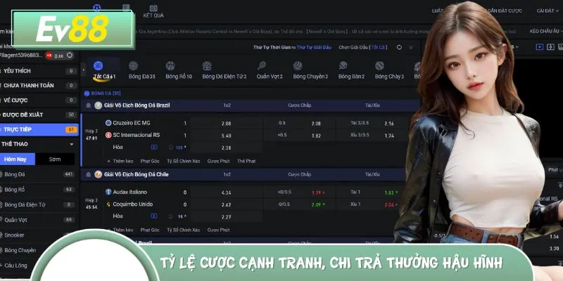 Tỷ lệ cược được hiển thị rõ ràng, phân chia thành từng trận đấu
